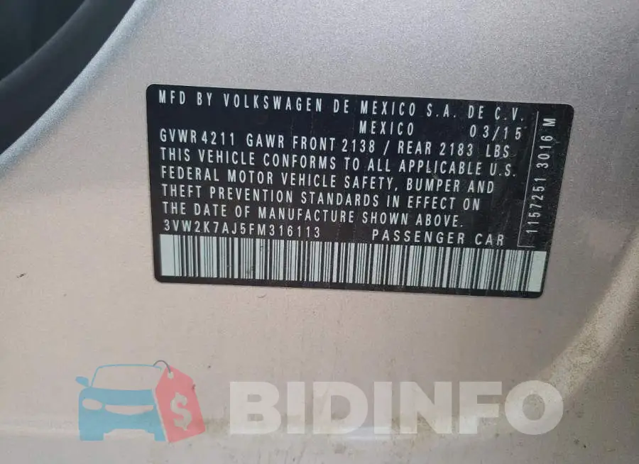 3VW2K7AJ5FM316113 Photo# 12