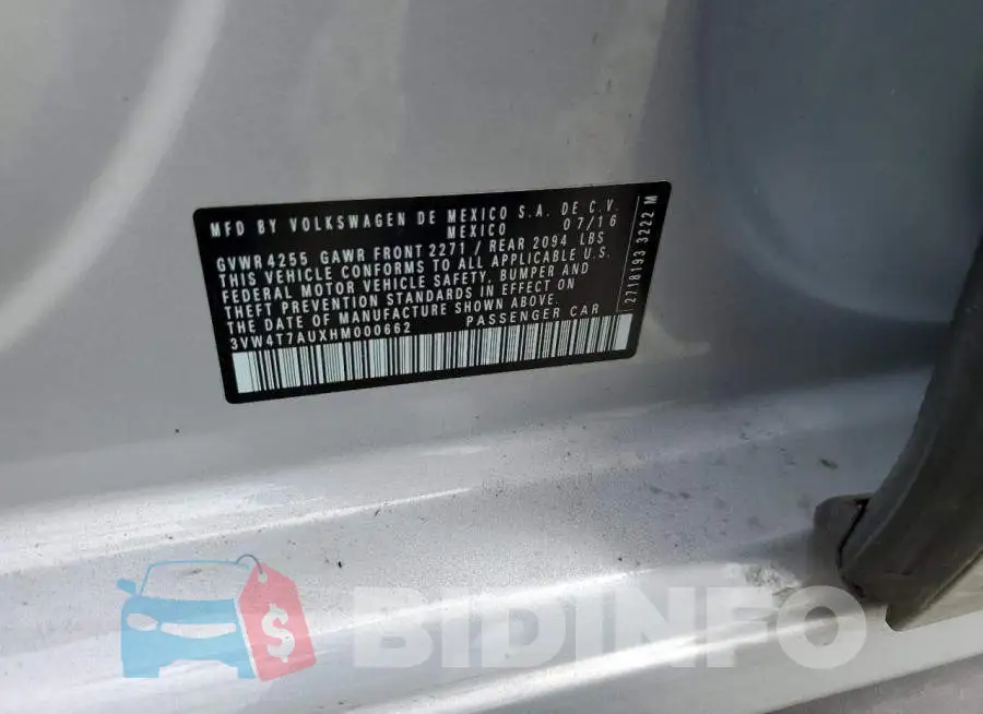 3VW4T7AUXHM000662 Photo# 12