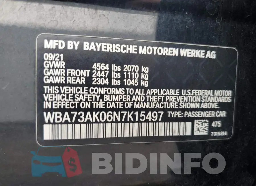 WBA73AK06N7K15497 Photo# 12