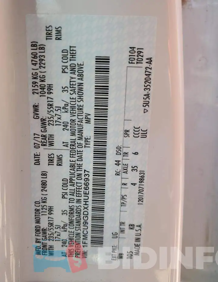 1FMCU9GDXHUE66937 Photo# 14