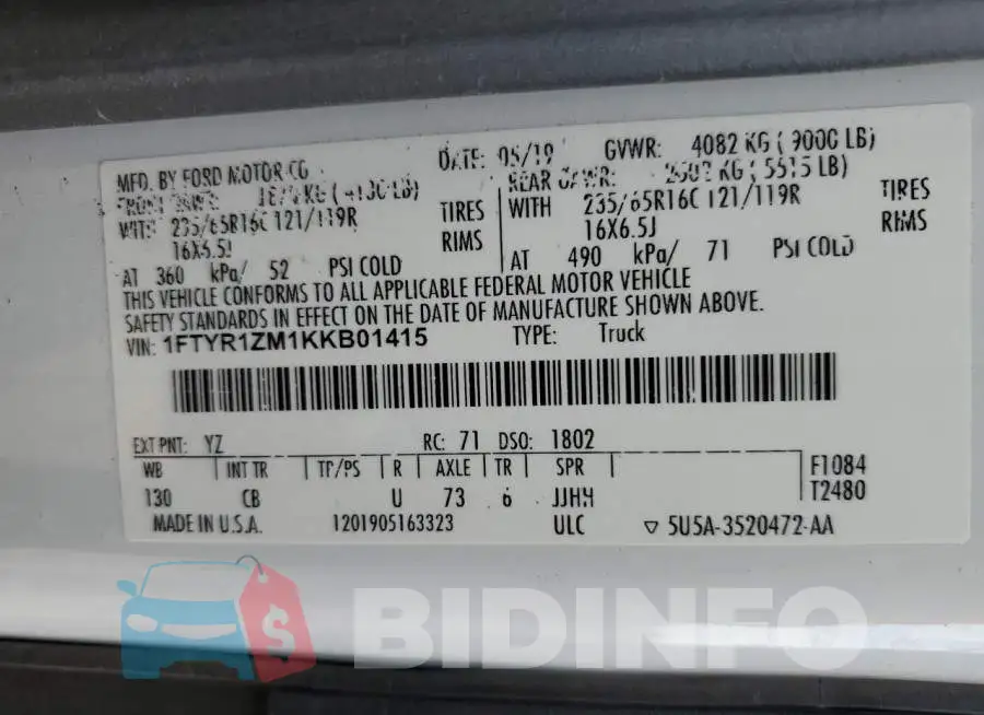 1FTYR1ZM1KKB01415 Photo# 13