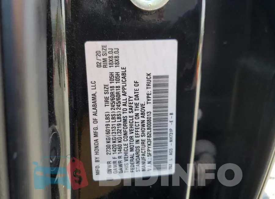 5FPYK3F82LB008013 Photo# 12