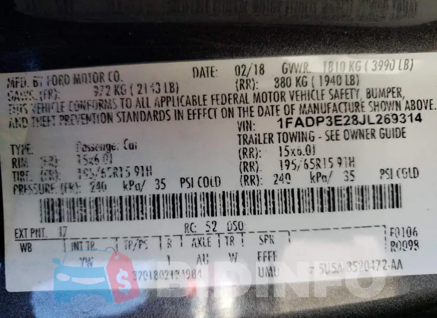 1FADP3E28JL269314 Photo# 10