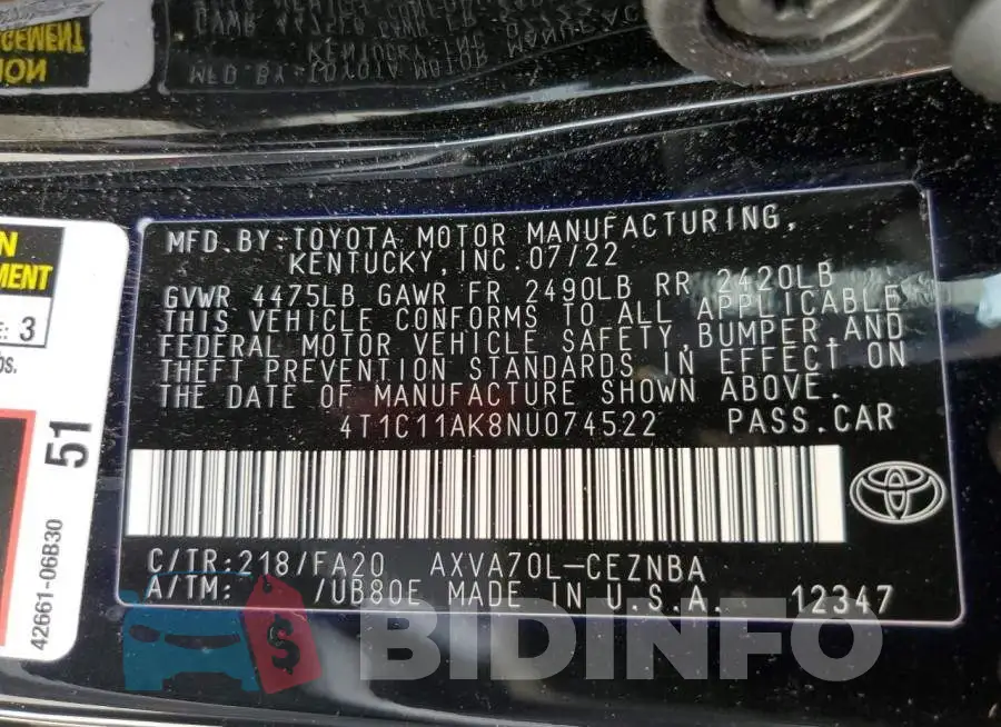 4T1C11AK8NU074522 Photo# 13