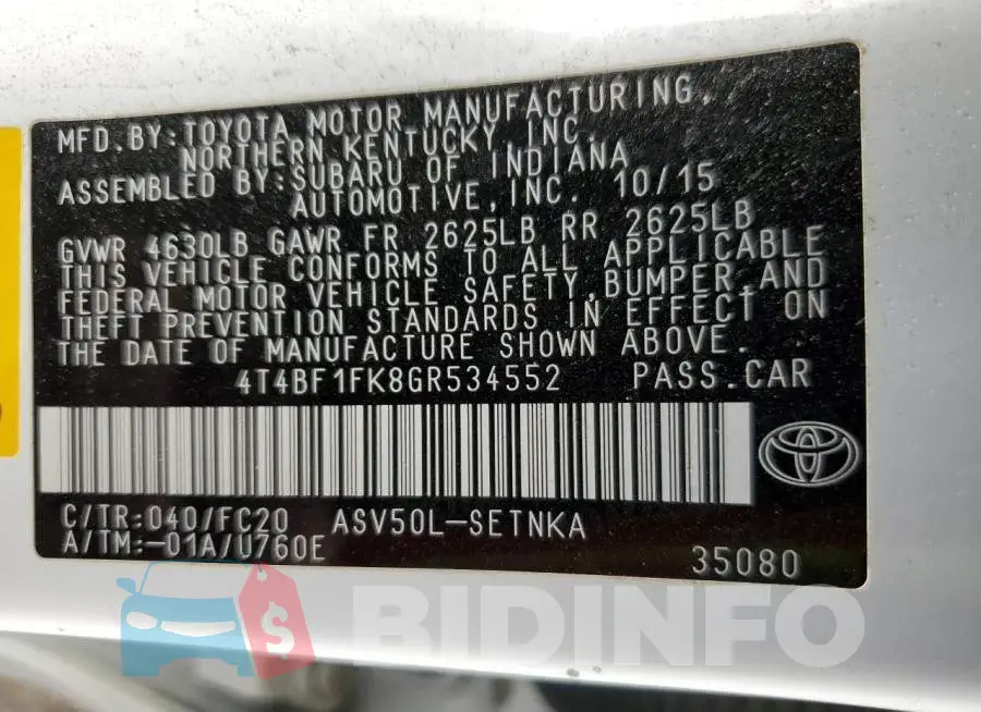 4T4BF1FK8GR534552 Photo# 12