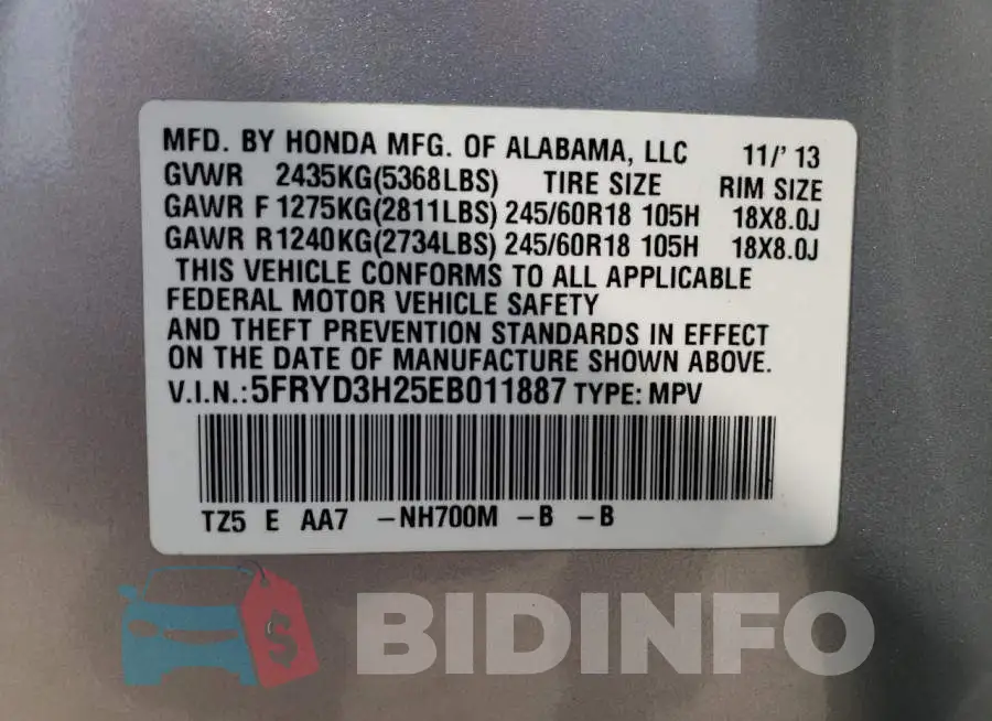5FRYD3H25EB011887 Photo# 13