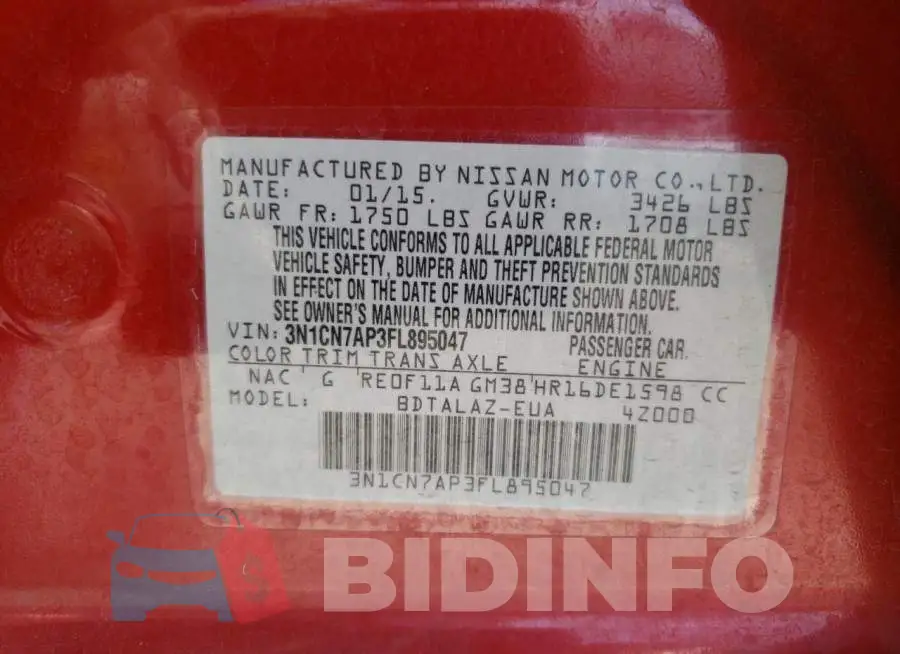 3N1CN7AP3FL895047 Photo# 13