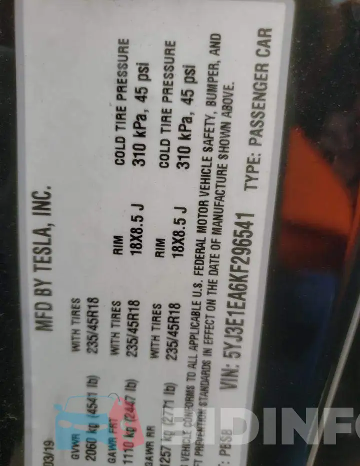 5YJ3E1EA6KF296541 Photo# 12