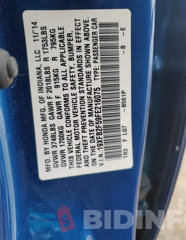 19XFB2F59FE216075 Photo# 12