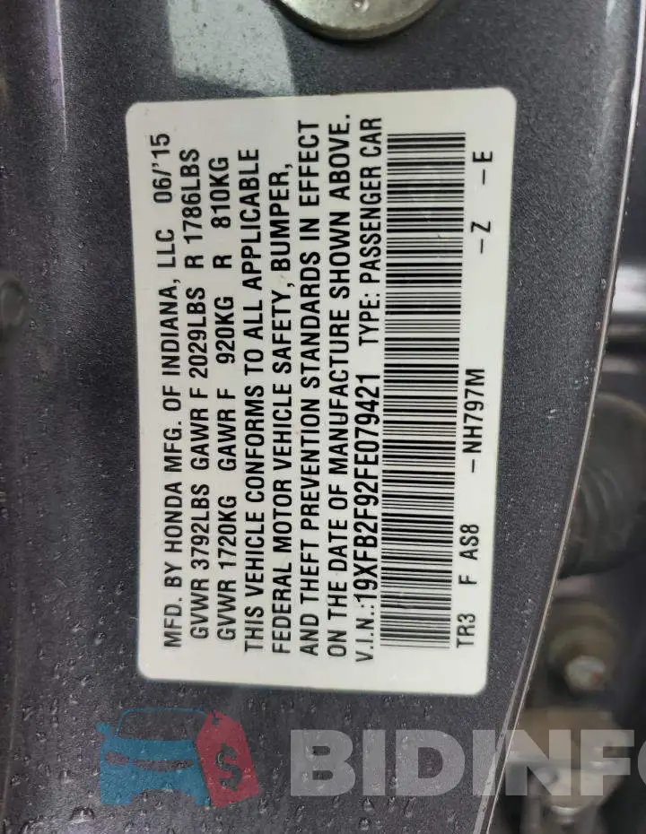 19XFB2F92FE079421 Photo# 12