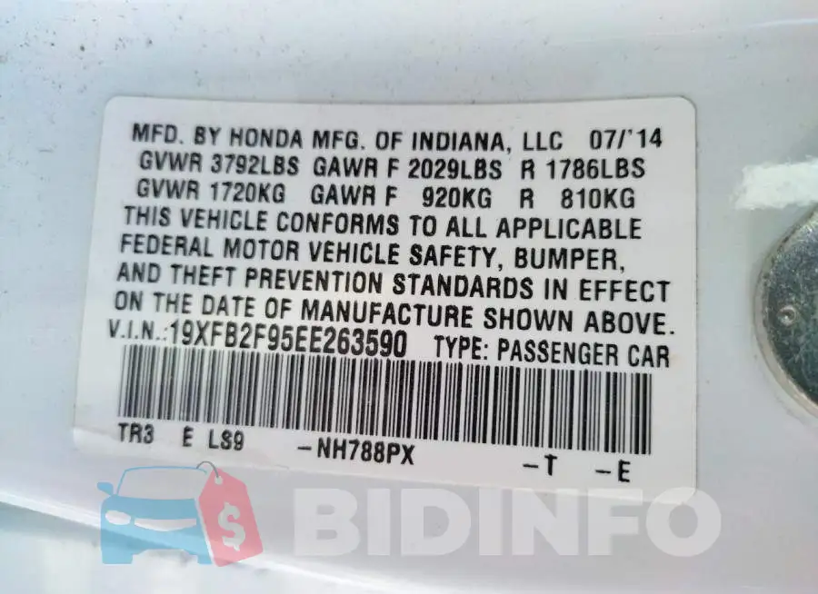 19XFB2F95EE263590 Photo# 12