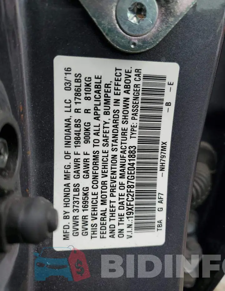 19XFC2F87GE041883 Photo# 12