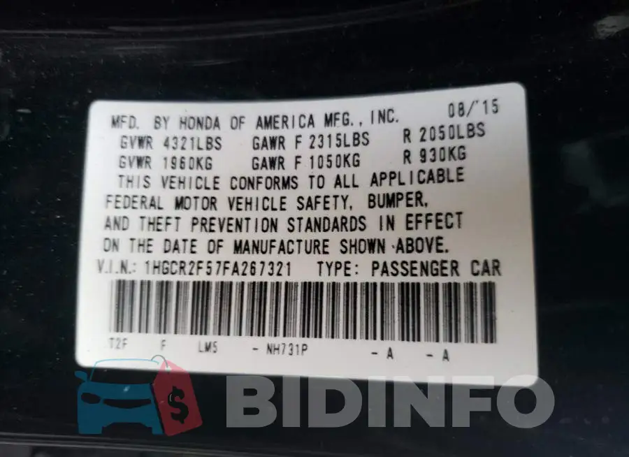 1HGCR2F57FA267321 Photo# 13