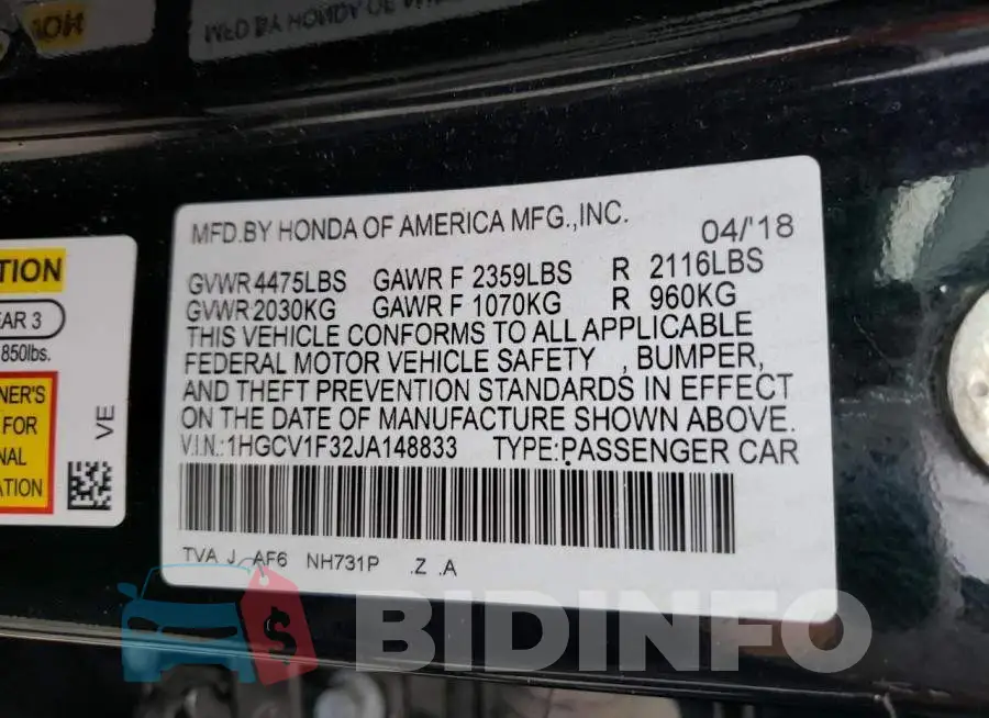 1HGCV1F32JA148833 Photo# 12
