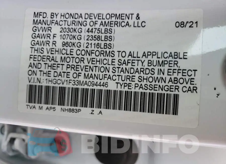 1HGCV1F33MA094446 Photo# 12