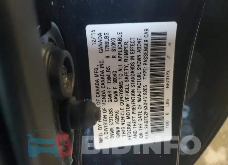 2HGFC2F5XGH518205 Photo# 12