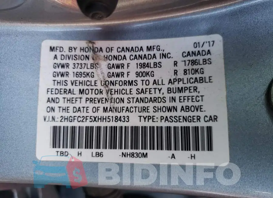 2HGFC2F5XHH518433 Photo# 12