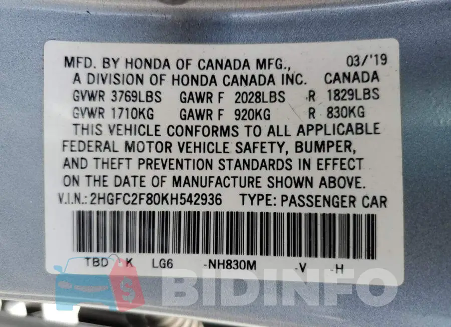 2HGFC2F80KH542936 Photo# 13