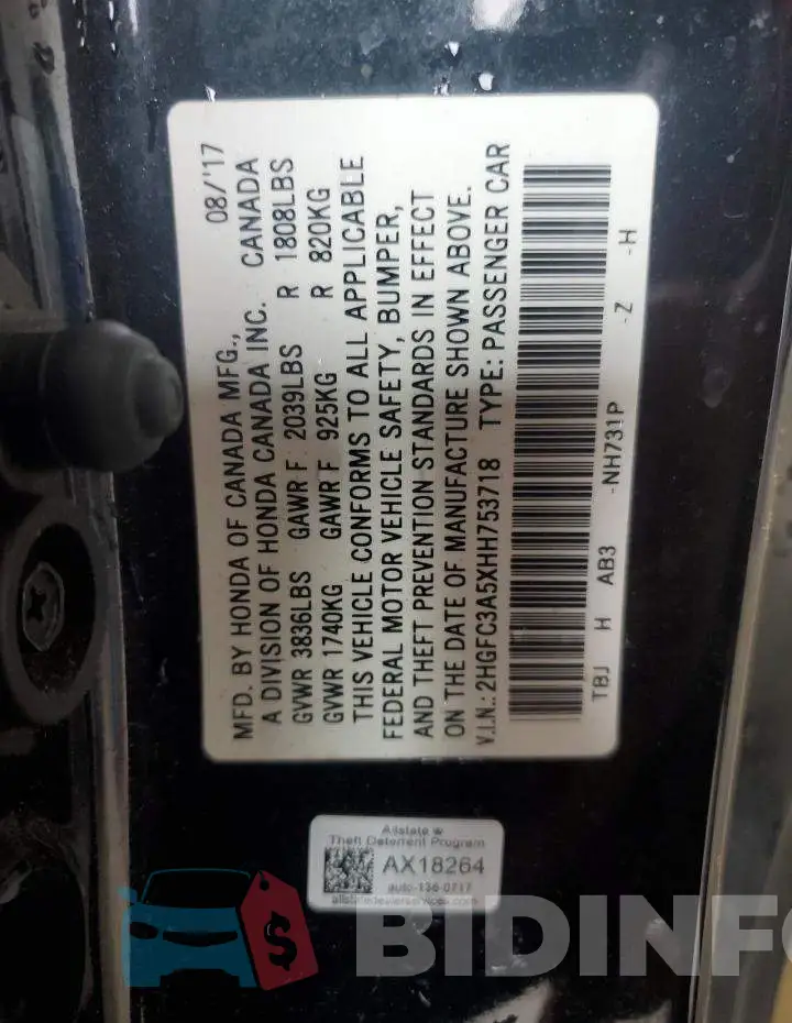 2HGFC3A5XHH753718 Photo# 13