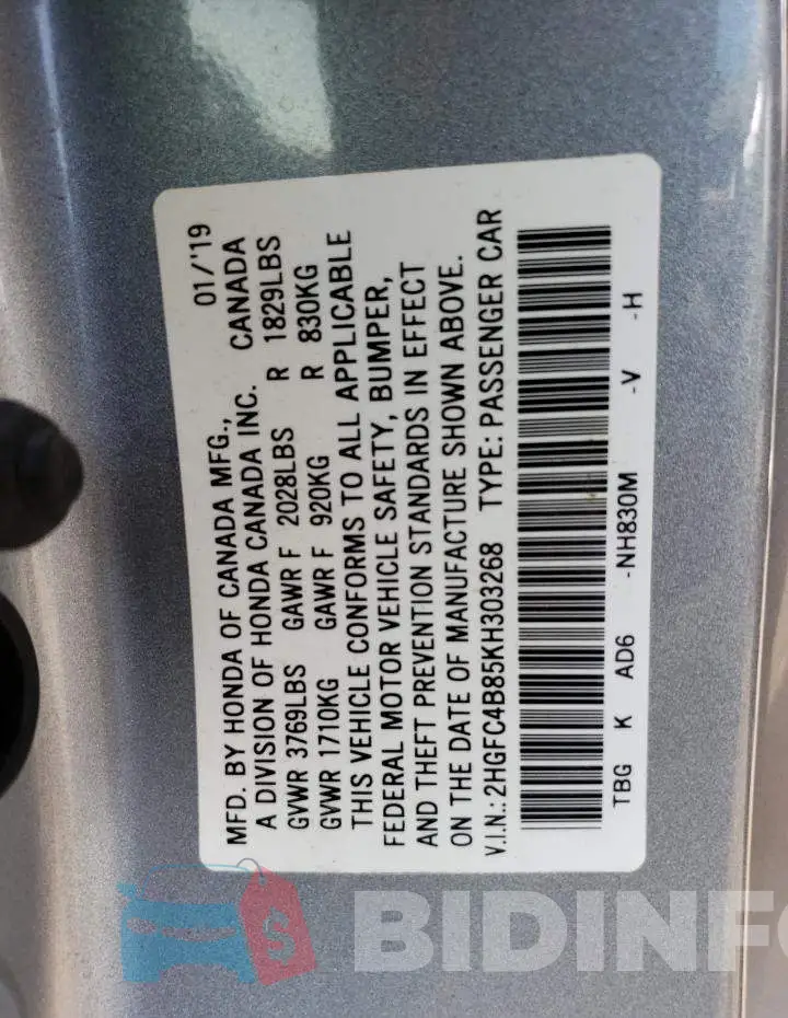 2HGFC4B85KH303268 Photo# 12