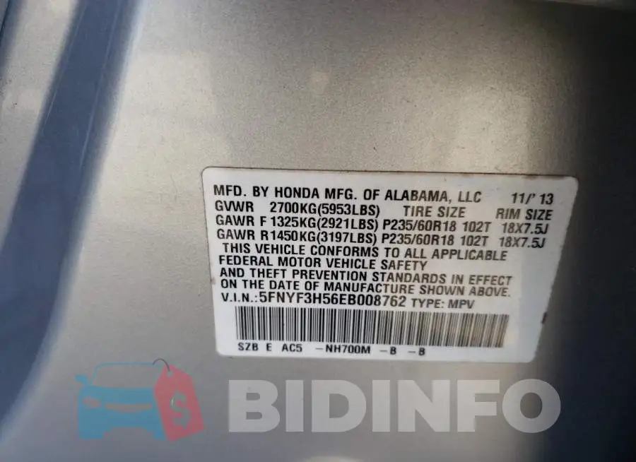 5FNYF3H56EB008762 Photo# 12