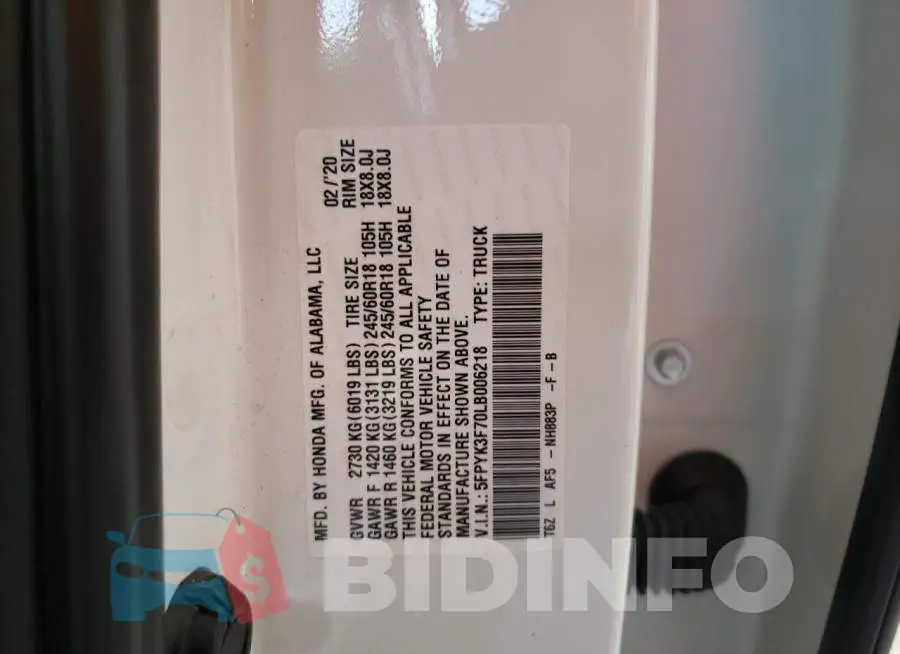 5FPYK3F70LB006218 Photo# 13