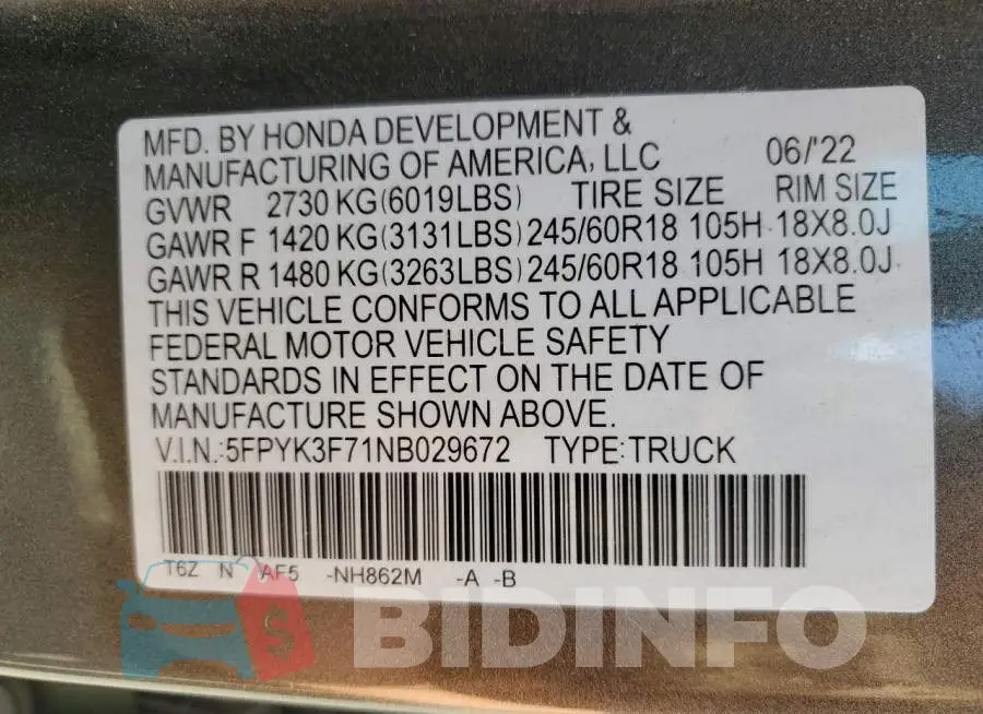 5FPYK3F71NB029672 Photo# 12