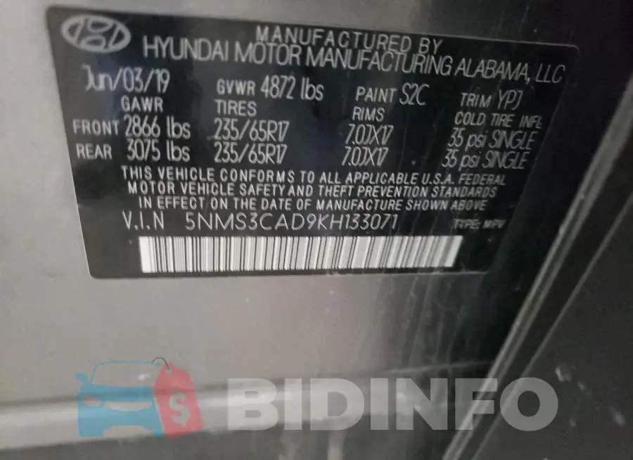 5NMS3CAD9KH133071 Photo# 13
