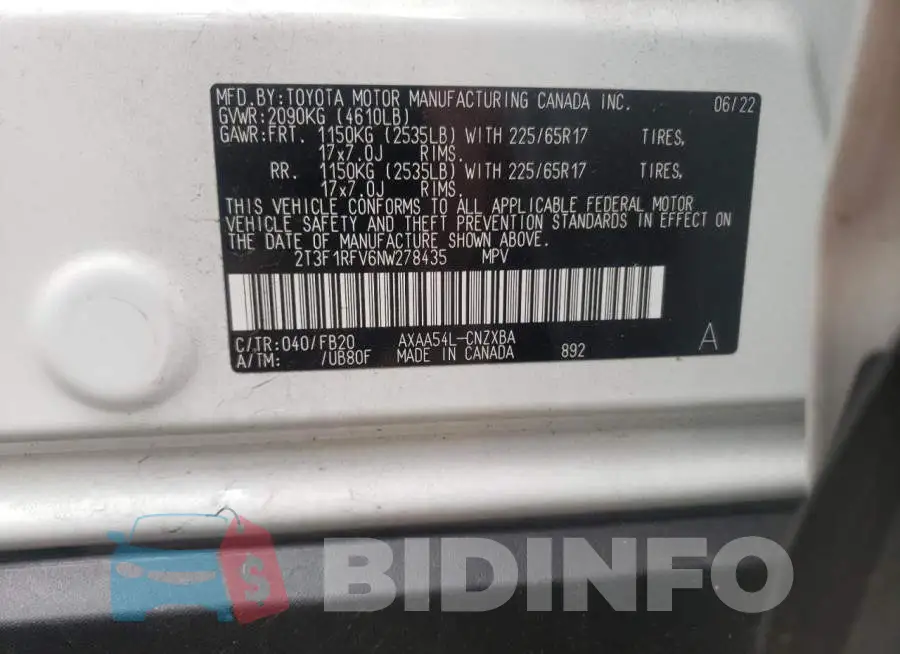 2T3F1RFV6NW278435 Photo# 13