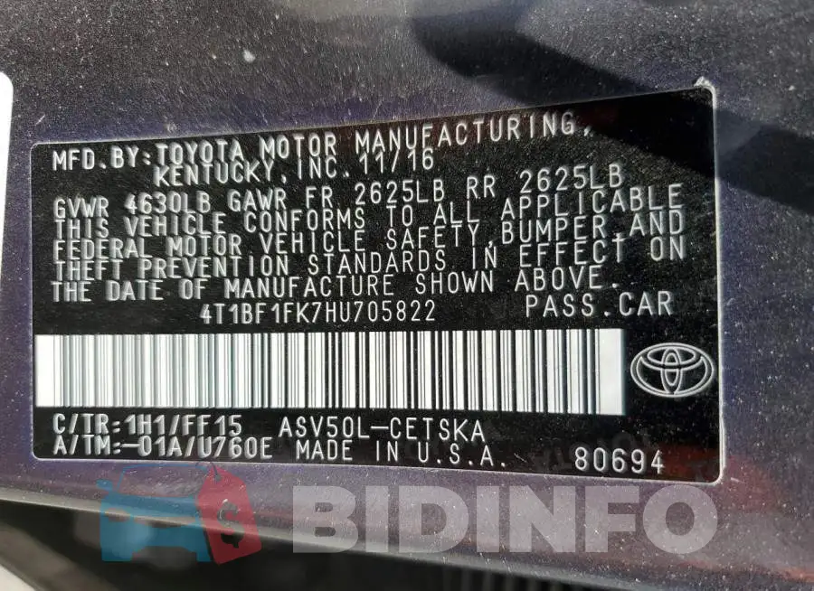 4T1BF1FK7HU705822 Photo# 12