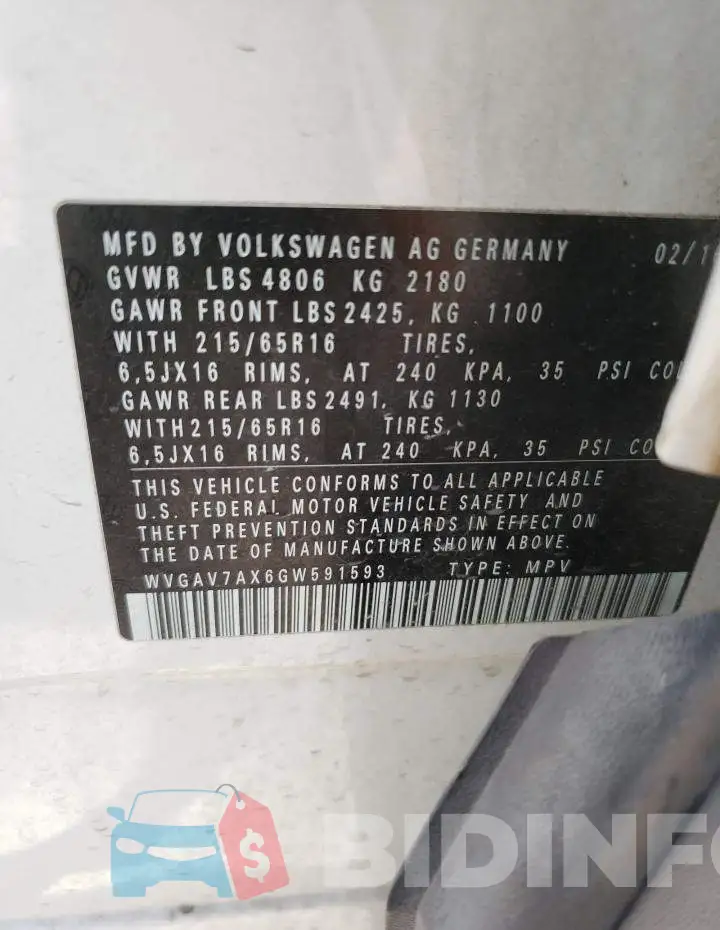 WVGAV7AX6GW591593 Photo# 14