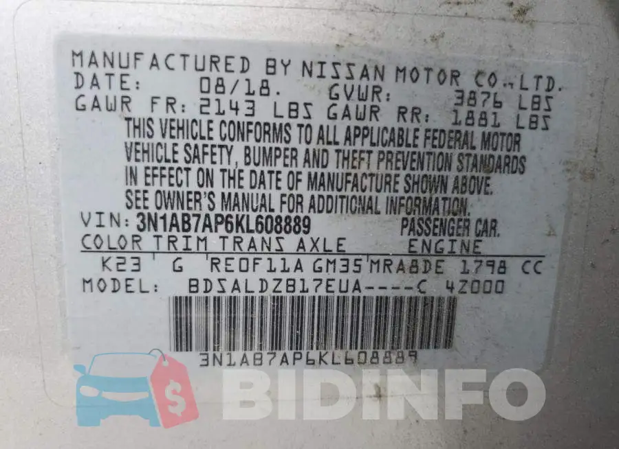 3N1AB7AP6KL608889 Photo# 13
