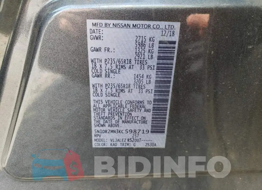 5N1DR2MN3KC598719 Photo# 13