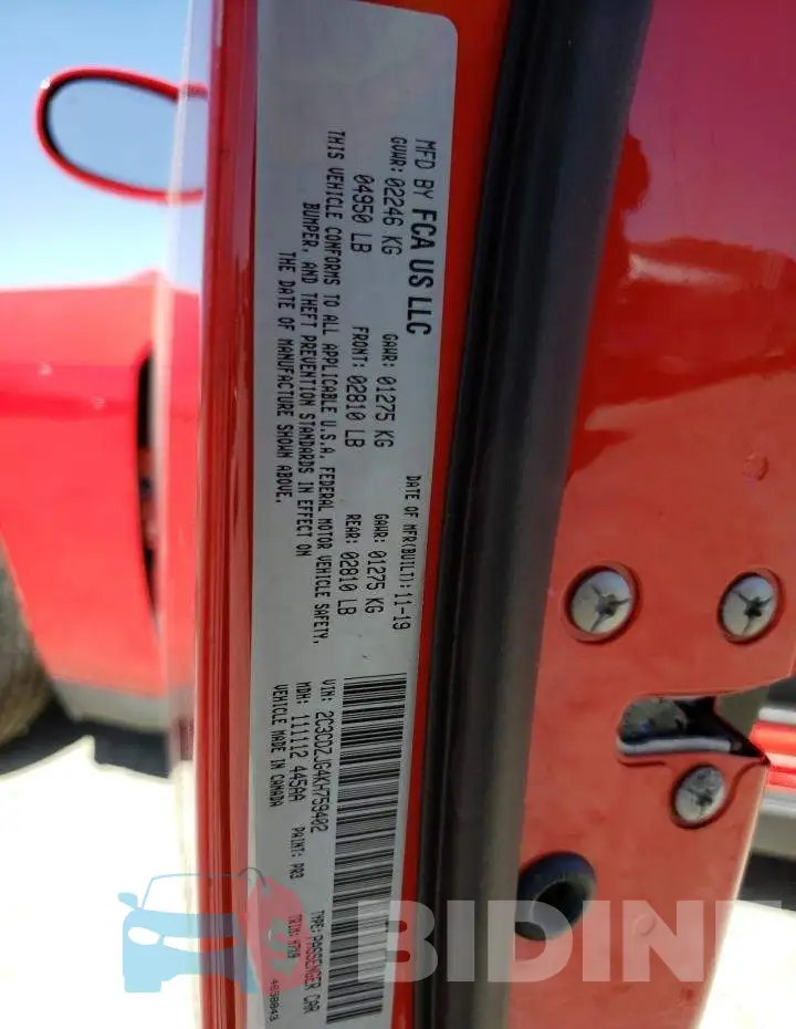 2C3CDZJG4KH759402 Photo# 12