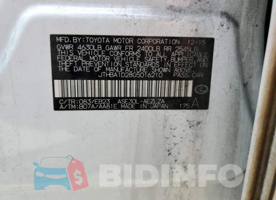 JTHBA1D28G5016210 Photo# 12