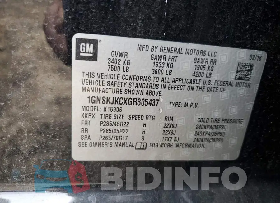 1GNSKJKCXGR305437 Photo# 10