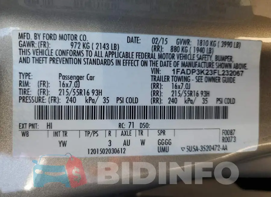 1FADP3K23FL232067 Photo# 12