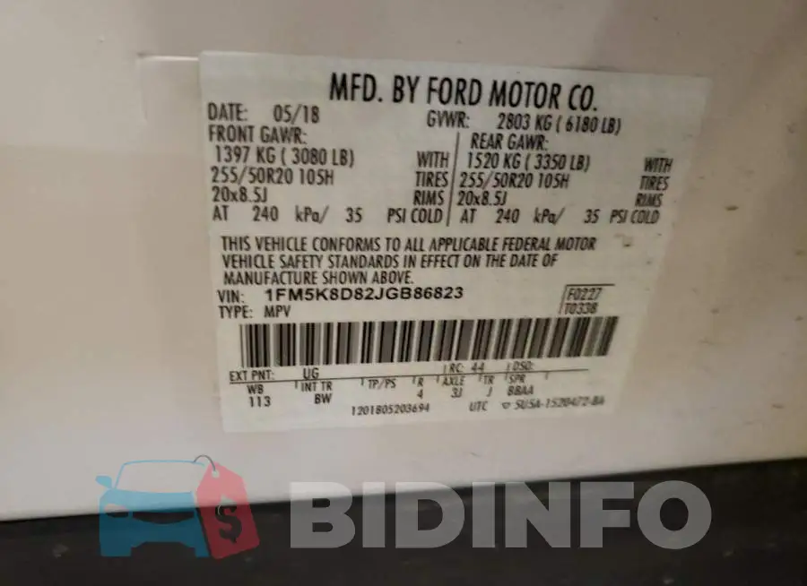 1FM5K8D82JGB86823 Photo# 13