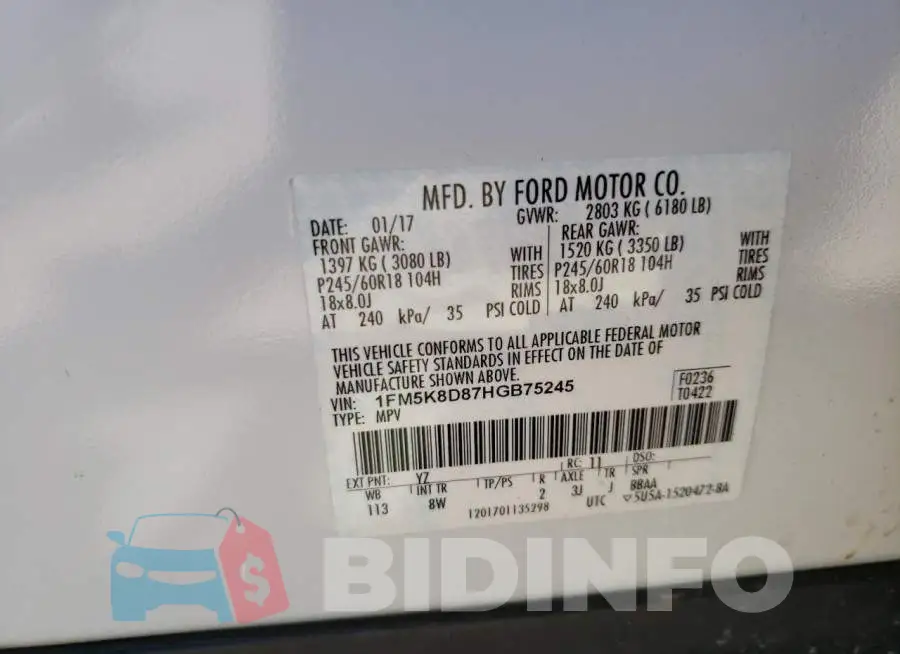 1FM5K8D87HGB75245 Photo# 12