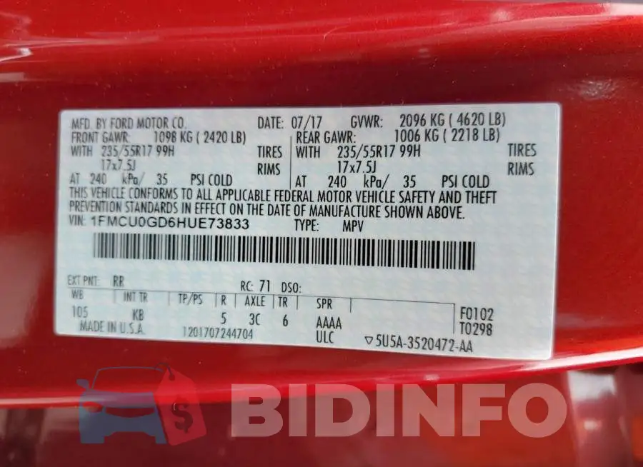 1FMCU0GD6HUE73833 Photo# 13