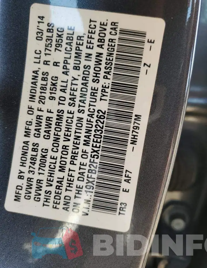 19XFB2F5XEE032262 Photo# 12