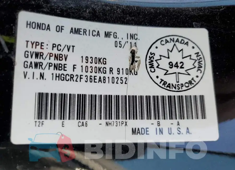 1HGCR2F36EA810252 Photo# 12