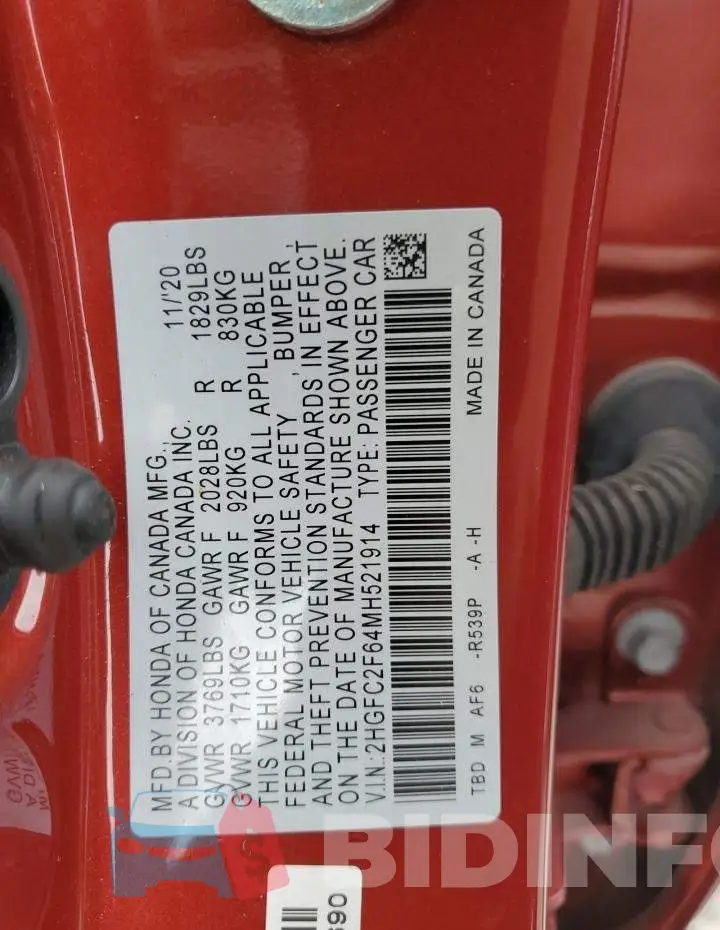 2HGFC2F64MH521914 Photo# 12