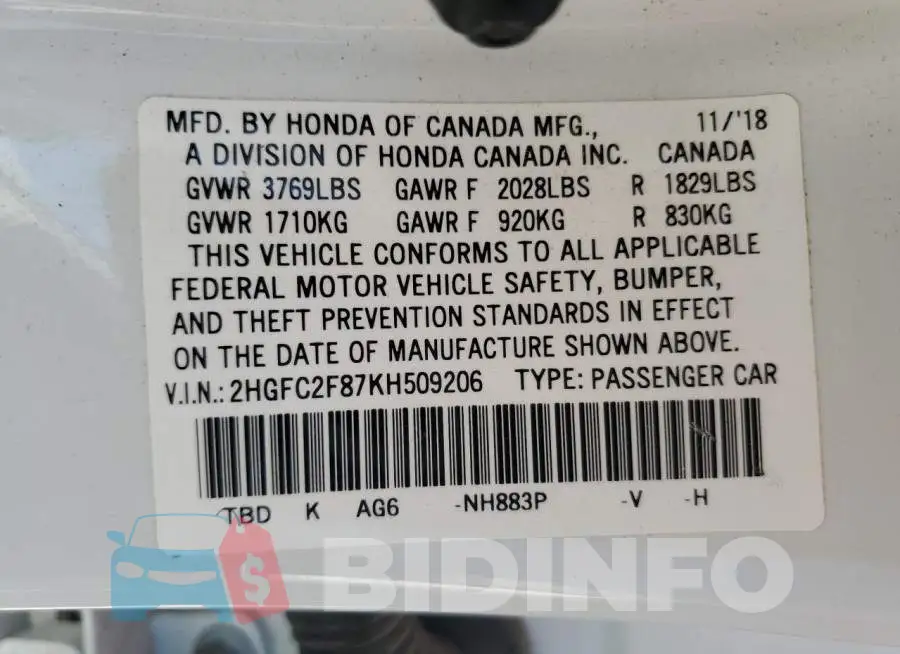 2HGFC2F87KH509206 Photo# 12