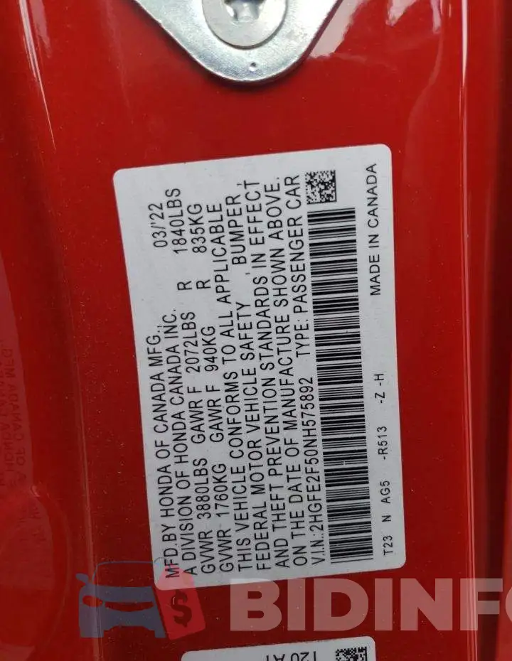 2HGFE2F50NH575892 Photo# 13