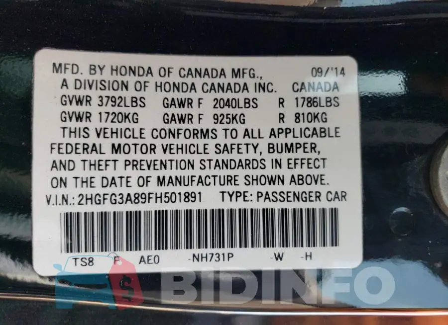 2HGFG3A89FH501891 Photo# 13