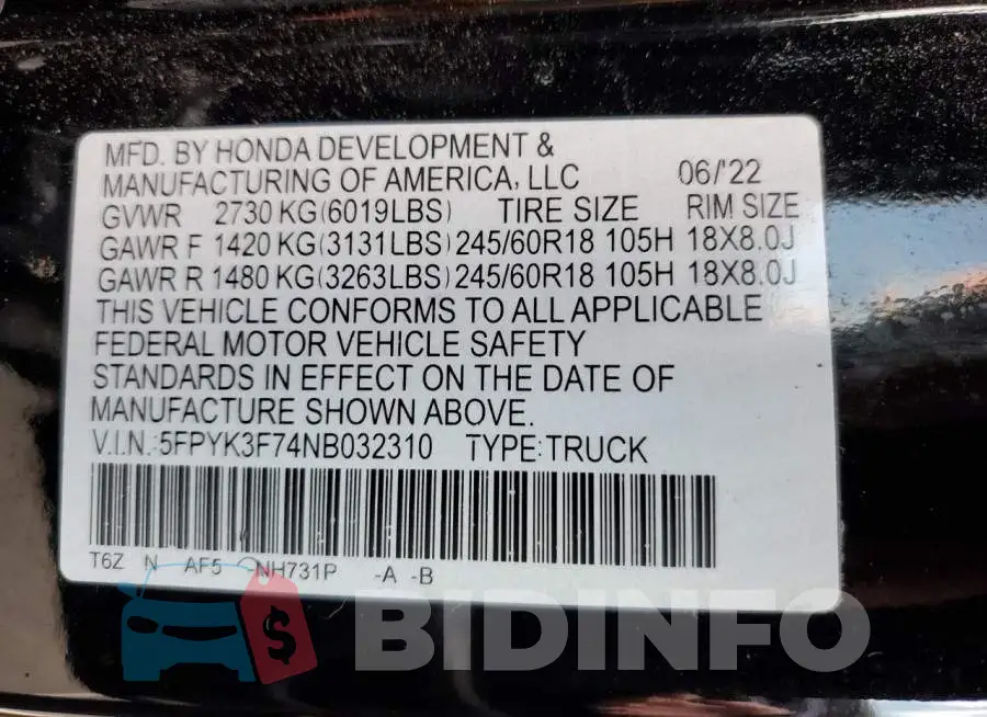 5FPYK3F74NB032310 Photo# 12