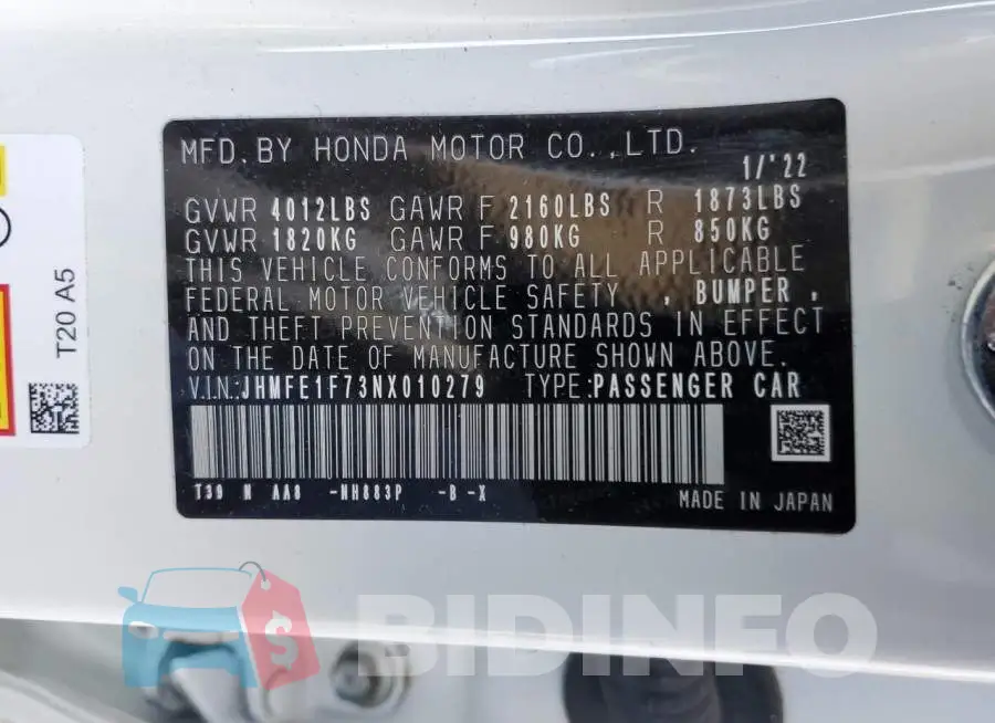 JHMFE1F73NX010279 Photo# 12