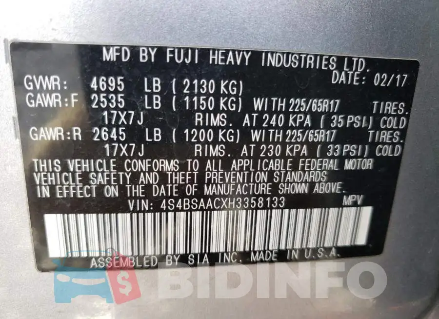 4S4BSAACXH3358133 Photo# 13