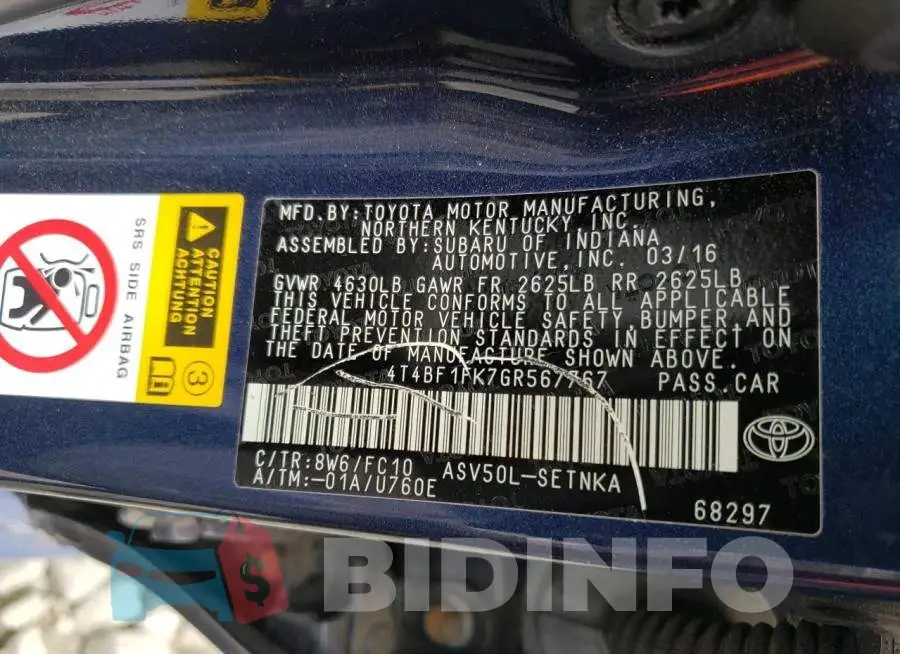 4T4BF1FK7GR567767 Photo# 13